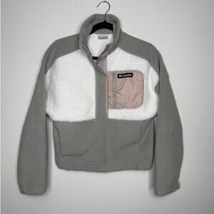 Columbia Cropped Sherpa Fleece Pullover XS Grey Cream Quarter Snap